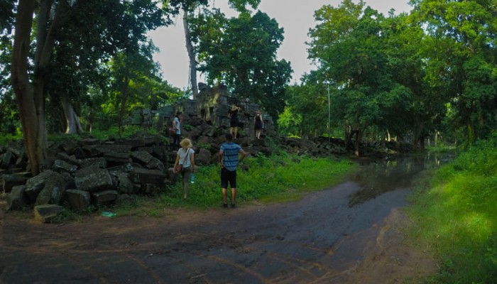 Banteay Chhmar temple flooded path.